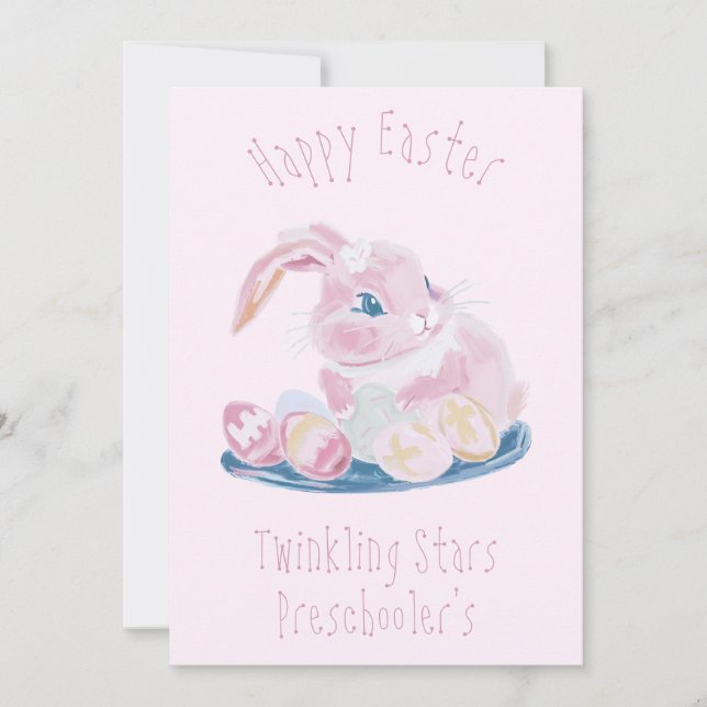 Cute Easter Bunny With Eggs Preschool Teacher Pink Holiday Card (Front)