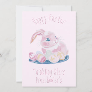 Cute Easter Bunny With Eggs Preschool Teacher Pink Holiday Card