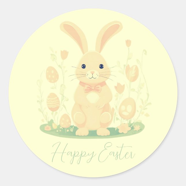 Cute Easter Bunny With Eggs Preschool Yellow Classic Round Sticker (Front)