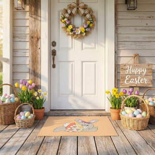 Cute Easter Bunny with Floral Egg Doormat