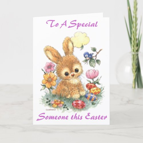 Cute Easter Bunny with Flowers and Eggs Holiday Card