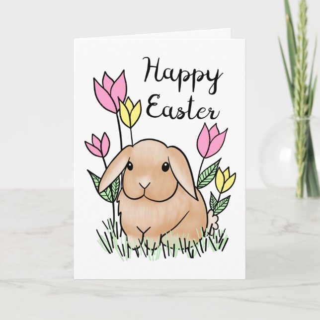 Cute Easter Bunny with Flowers Card (Front)