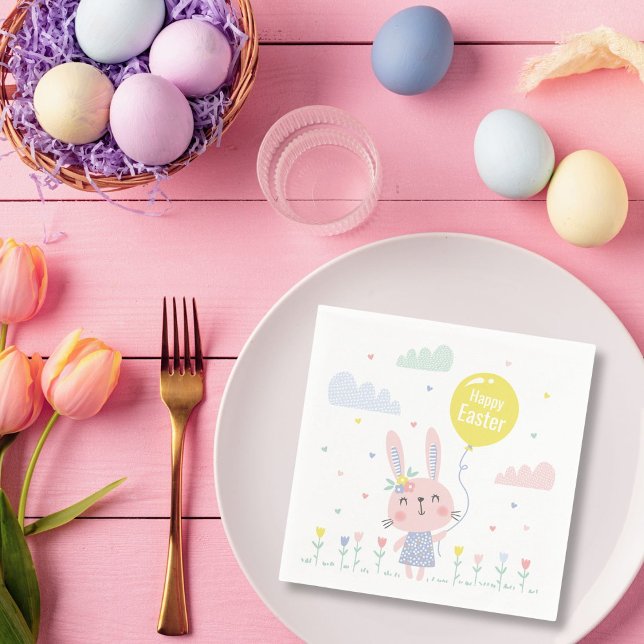 Cute Easter bunny with flowers, clouds and balloon Napkins (Creator Uploaded)