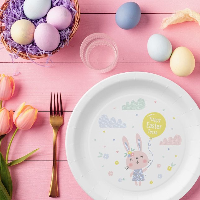 Cute Easter Bunny with flowers, clouds and balloon Paper Plates (Creator Uploaded)