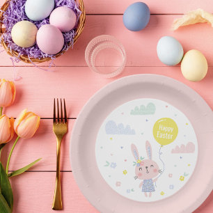Cute Easter Bunny with flowers, clouds and balloon Paper Plates
