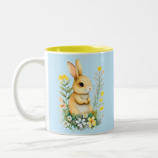 Cute Easter Bunny with Flowers & Monogram Two-Tone Coffee Mug (Left)