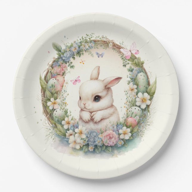 cute Easter bunny wreath Holiday party Paper Plates (Front)