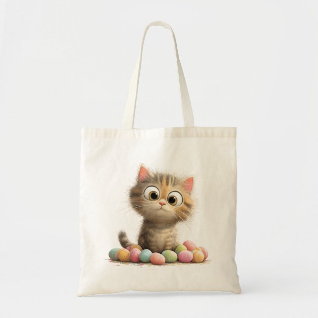 Cute Easter Cat Tote Bag with Pastel Eggs (Front)