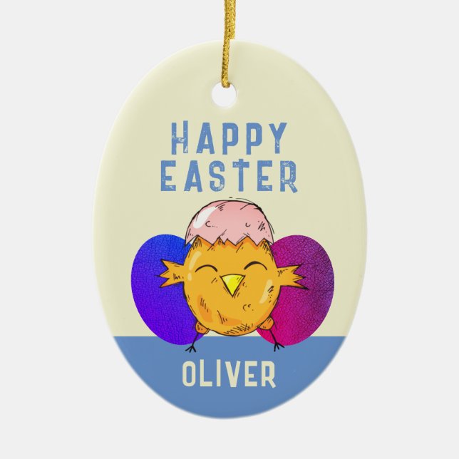 Cute Easter Chick and Eggs Happy Easter Ceramic Ornament (Front)