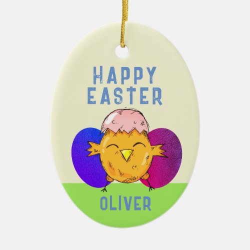 Cute Easter Chick and Eggs Happy Easter Ceramic Ornament