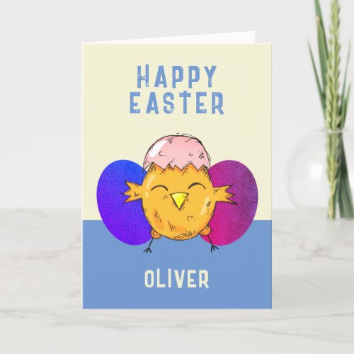 Cute Easter Chick and Eggs Happy Easter Holiday Card