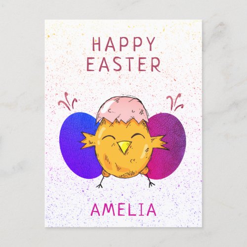 Cute Easter Chick and Eggs Happy Easter Holiday Postcard