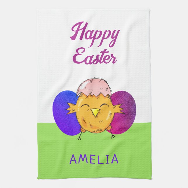 Cute Easter Chick and Eggs Happy Easter Kitchen Towel (Vertical)