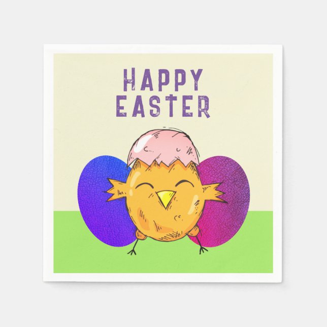 Cute Easter Chick and Eggs Happy Easter Napkins (Front)