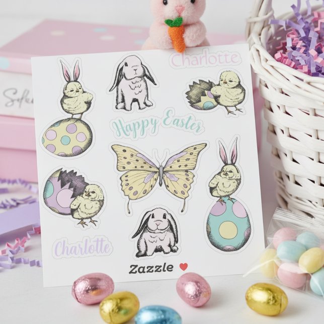 Cute Easter Chick, Bunny, Butterfly & Custom Name  Sticker (Cute Happy Easter Bunny Rabbit, Colorful Eggs & Butterfly Stickers in Pastel Colors for Her)