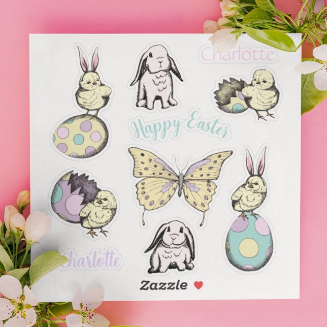 Cute Easter Chick, Bunny, Butterfly & Custom Name  Sticker (Adorable set of 10 vinyl Kiss-Cut stickers: Easter Chicks & Bunny Ears, Bunnies, 2 Personalized Name)