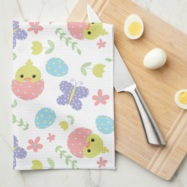 Cute Easter Chick & Butterfly Pattern Pastel Kitchen Towel (Quarter Fold)