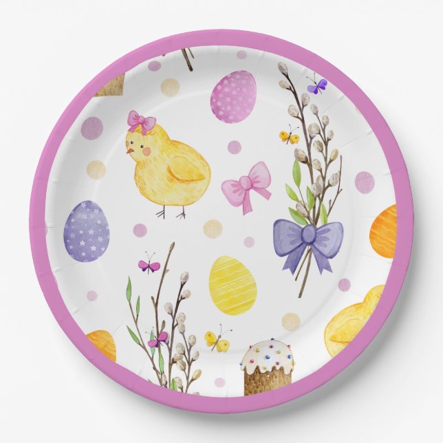 Cute Easter Chick & Eggs Pastel Paper Plates (Front)