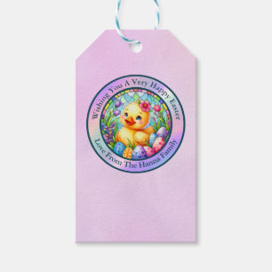 Cute Easter Chick, Flowers, and Colorful Eggs Gift Tags