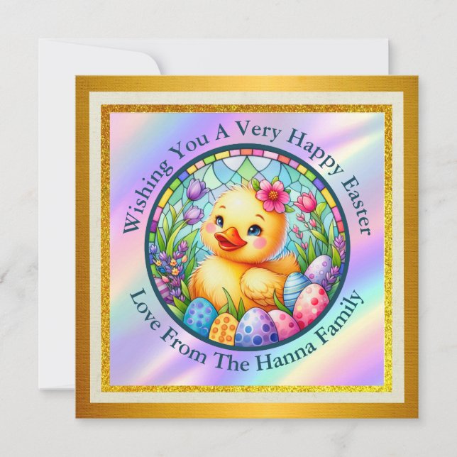 Cute Easter Chick, Flowers, and Colorful Eggs Invitation (Front)