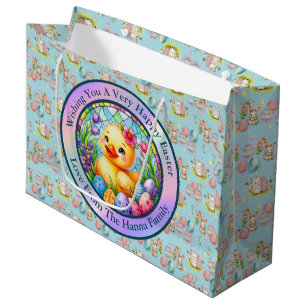 Cute Easter Chick, Flowers, and Colorful Eggs Large Gift Bag