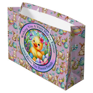 Cute Easter Chick, Flowers, and Colorful Eggs Large Gift Bag