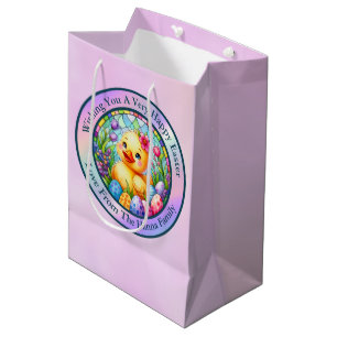 Cute Easter Chick, Flowers, and Colorful Eggs Medium Gift Bag