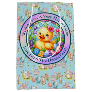 Cute Easter Chick, Flowers, and Colorful Eggs Medium Gift Bag