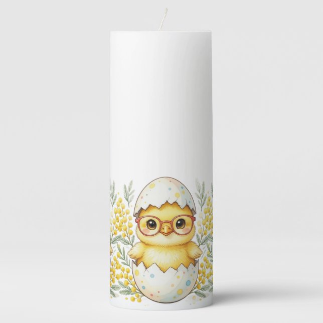 Cute Easter Chick Glasses Mimosa Bloom Pillar Candle (Front)