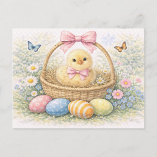 Cute Easter Chick in Basket Watercolor Postcard