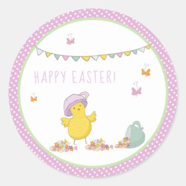 Cute Easter Chick with a Tea Cup and Flowers