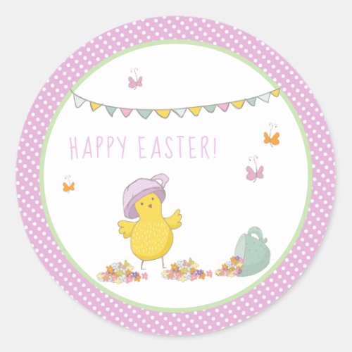 Cute Easter Chick with a Tea Cup and Flowers Classic Round Sticker
