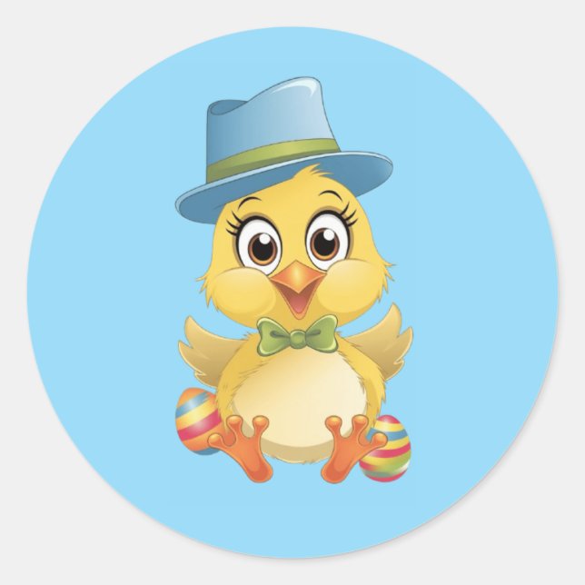 Cute Easter Chick with Colorful Eggs Classic Round Sticker (Front)