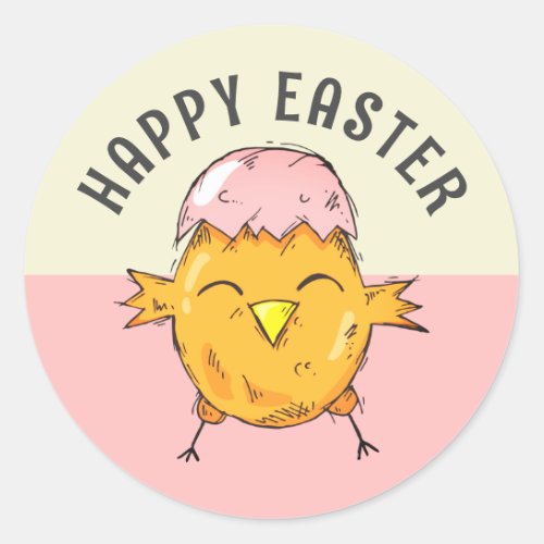Cute Easter Chick with Eggshell Drawing   Classic Round Sticker