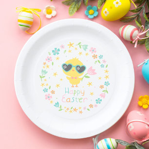 Cute Easter Chick with flowers on white background Paper Plates