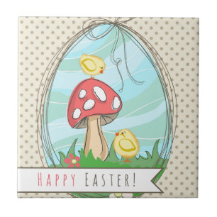 Cute Easter chick with mushroom Happy Easter Ceramic Tile