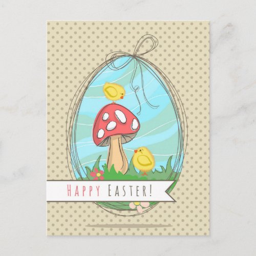 Cute Easter chick with mushroom Happy Easter Holiday Postcard