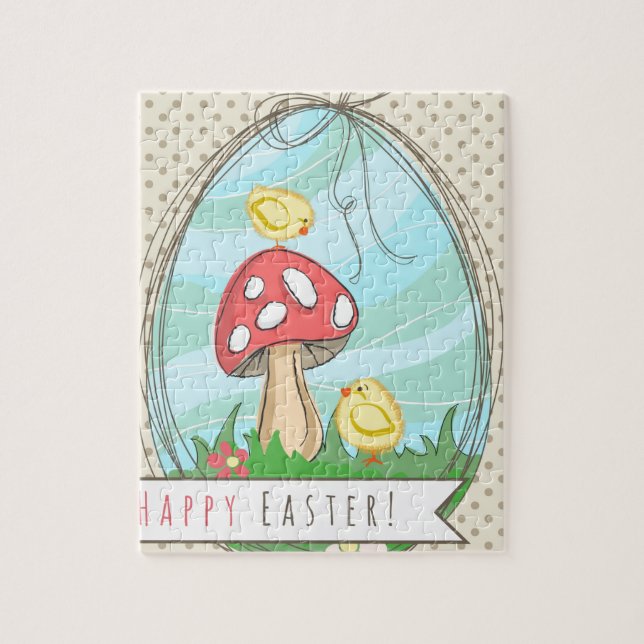 Cute Easter chick with mushroom Happy Easter Jigsaw Puzzle (Vertical)