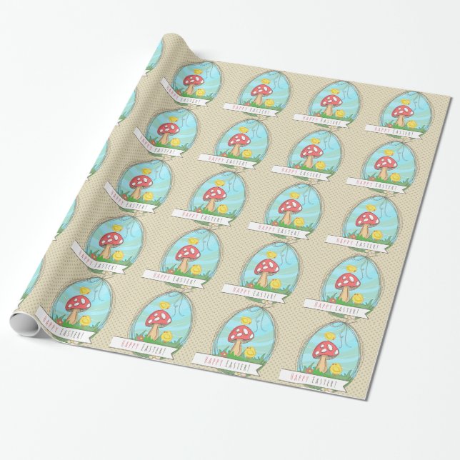 Cute Easter chick with mushroom Happy Easter Wrapping Paper (Unrolled)