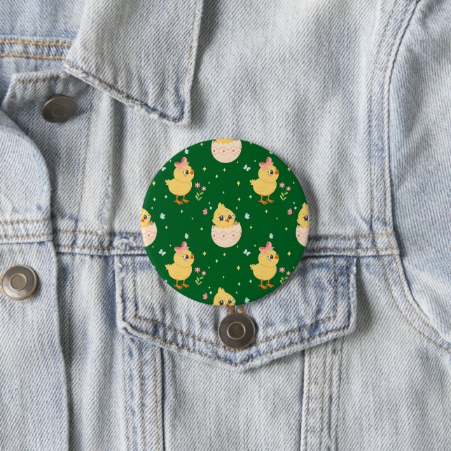 Cute Easter Chick with Pink Bow Seamless Pattern  Button (In Situ)