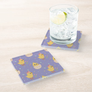 Cute Easter Chick with Pink Bow Seamless Pattern Glass Coaster