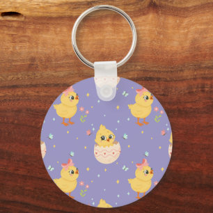Cute Easter Chick with Pink Bow Seamless Pattern Keychain