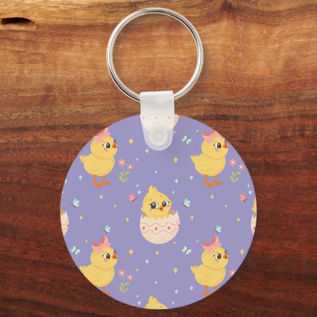 Cute Easter Chick with Pink Bow Seamless Pattern  Keychain (Front)