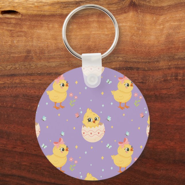 Cute Easter Chick with Pink Bow Seamless Pattern  Keychain (Front)
