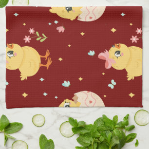 Cute Easter Chick with Pink Bow Seamless Pattern  Kitchen Towel