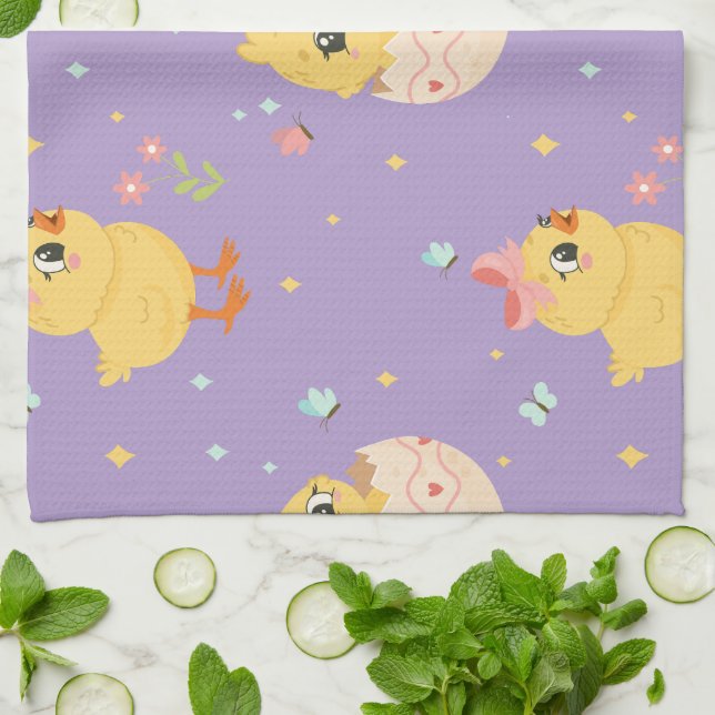 Cute Easter Chick with Pink Bow Seamless Pattern  Kitchen Towel (Folded)