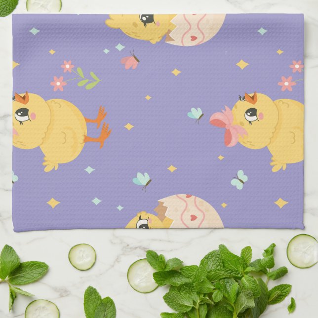 Cute Easter Chick with Pink Bow Seamless Pattern  Kitchen Towel (Folded)