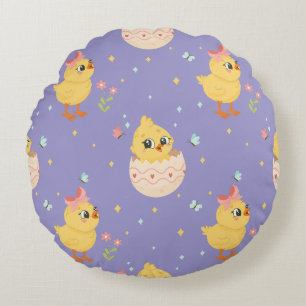 Cute Easter Chick with Pink Bow Seamless Pattern Round Pillow