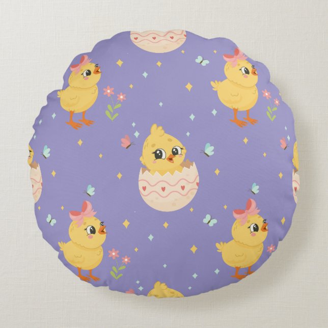 Cute Easter Chick with Pink Bow Seamless Pattern  Round Pillow (Front)