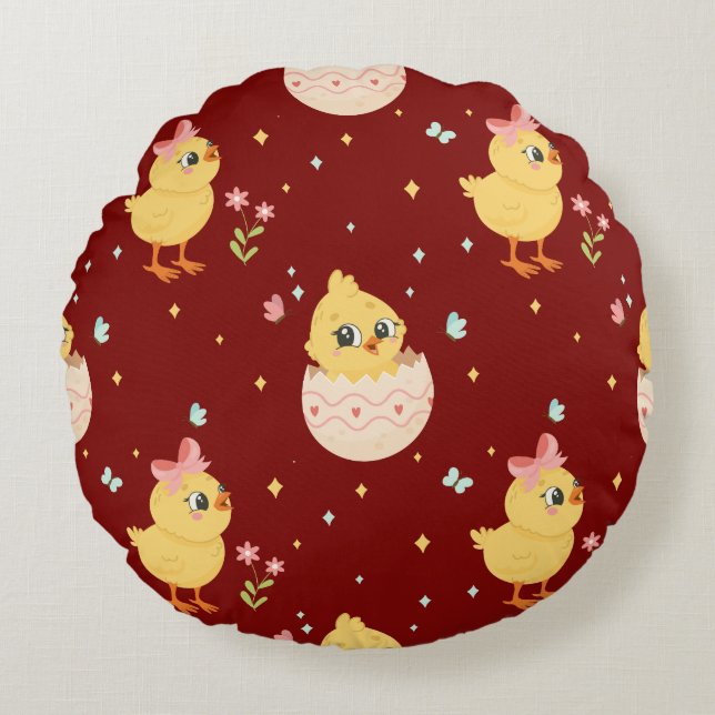 Cute Easter Chick with Pink Bow Seamless Pattern  Round Pillow (Front)
